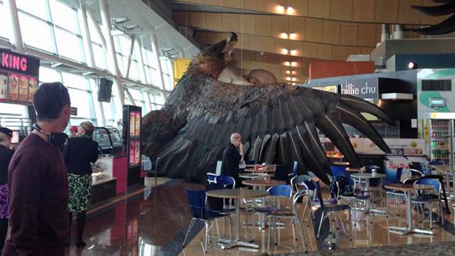 A 2-tonne eagle with a wingspan of 15m promoting the Hobbit trilogy has fallen from the ceiling of Wellington Airport during the quake. (Facebook/Karamea M Swindells-Wallace)