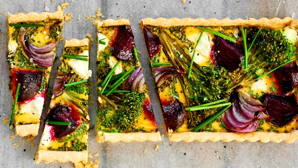 Beetroot, broccoli, goat's cheese and chive tart 9Kitchen