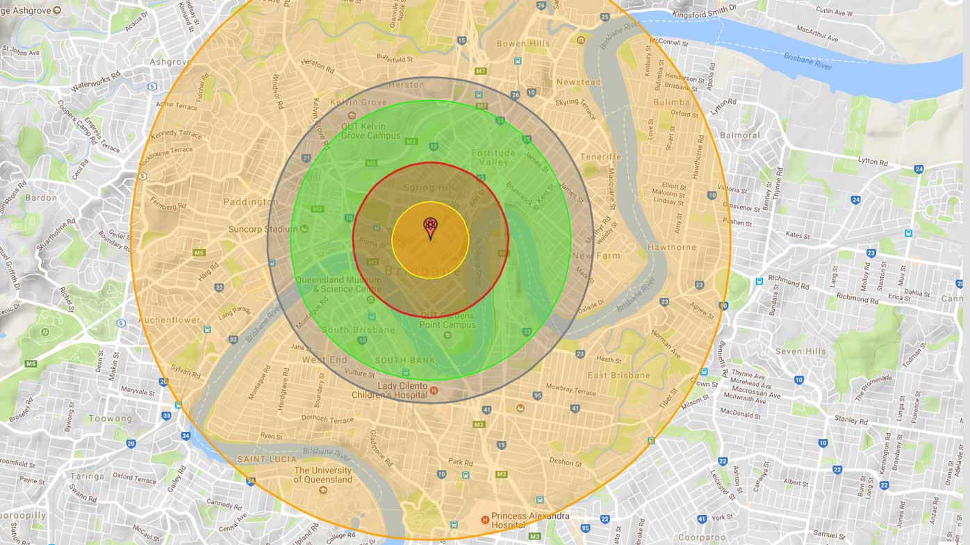 How Brisbane would suffer from a nuclear bomb. (Nukemap)
