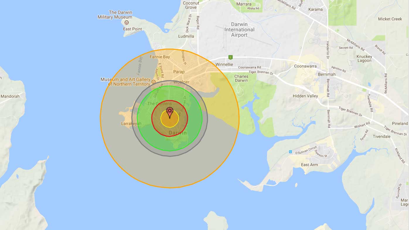 How Darwin would be affected by a nuclear bomb. (Nukemap)
