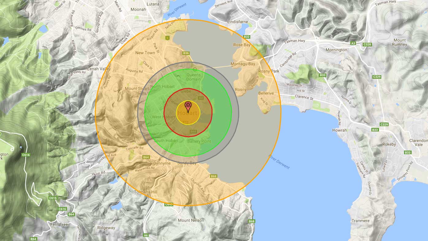 An estimation of the impact of a nuclear bomb dropped on Hobart. (Nukemap)