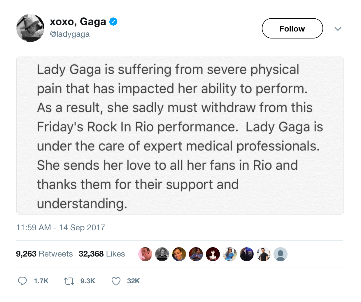 Lady Gaga Cancels Performance Over 'Severe Pain' Lady Gaga Cancels Performance Over 'Severe Pain'