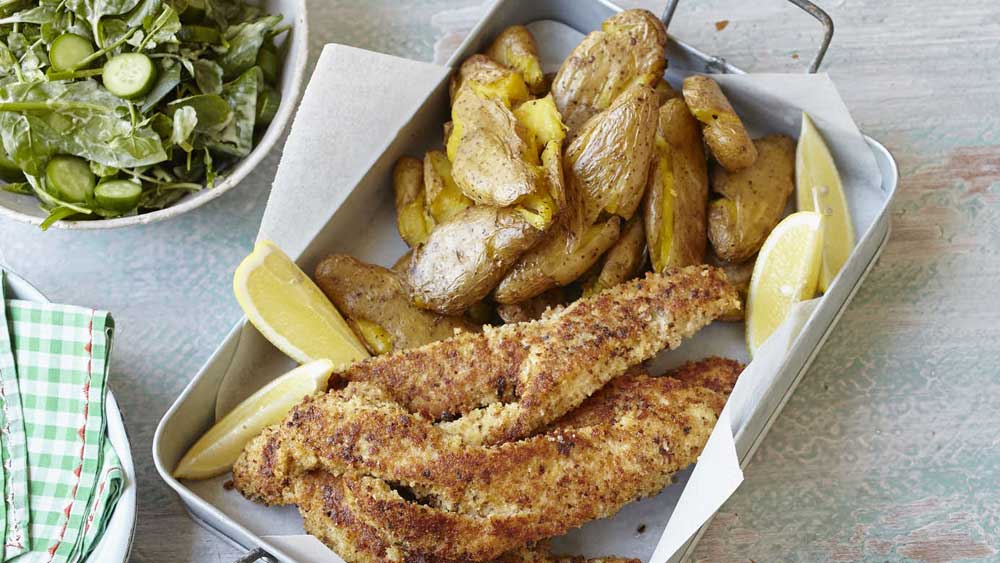 Crumbed fish with smashed potatoes 9Kitchen