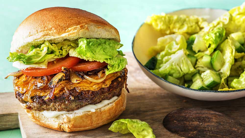 Italian cheesy beef burger with caramelised onion and mayo 9Kitchen