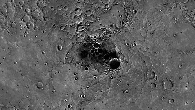 A large crater in the north polar region of Mercury which has been shown to harbour water ice. (NASA/Johns Hopkins University Applied Physics Laboratory/Carnegie Institution of Washington)