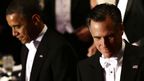 Barack Obama and Mitt Romney at the Alfred E Smith dinner. (AAP)