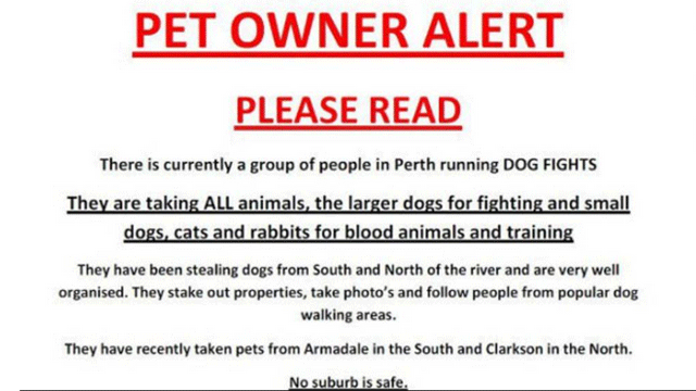 A flier warning pet owners of an underground dog fighting ring in Perth. (Facebook)
