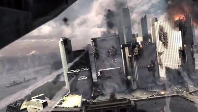 A scene from the North Korean video featuring what appears to be a US city.