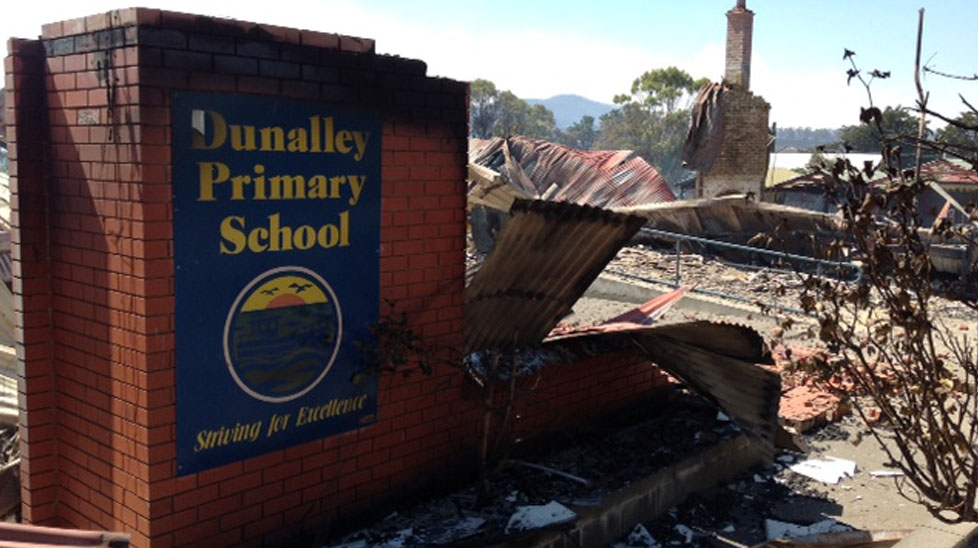 The charred remains of the Dunalley Primary School are left after a bushfire tore through the town. (Jarrod Koh, Nine News)