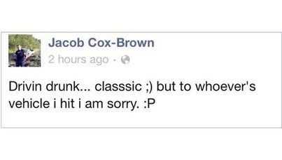 Jacob Cox-Brown was arrested after he posted he was driving drunk on Facebook