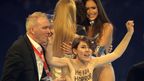 A bare-chested protester at the finale of Germany's Next Top Model.