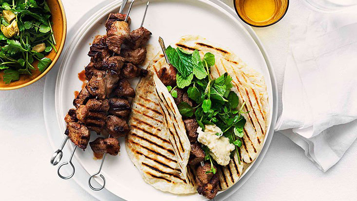 Grilled cumin and chilli lamb skewers with smoky eggplant purée - 9Kitchen