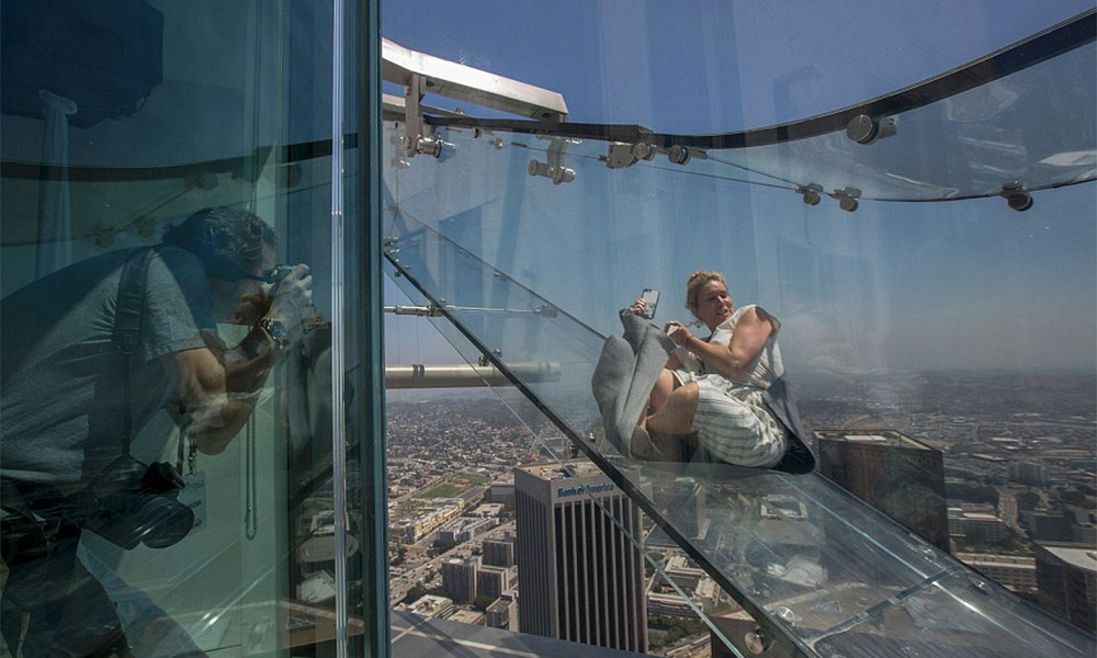 Terrifying glass slide opens on LA skyscraper rooftop