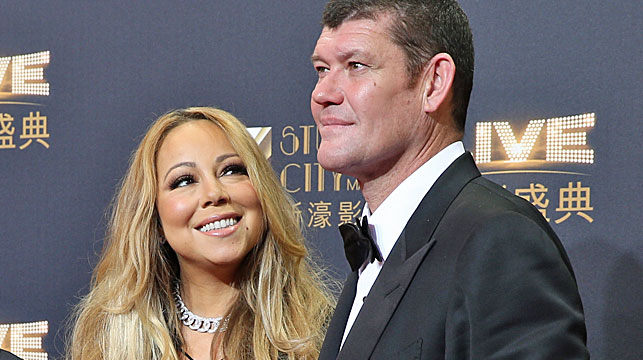 Crown Resorts major shareholder James Packer and singer Mariah Carey on the red carpet of the opening ceremony for the Studio City project in Macau last year. (AAP)