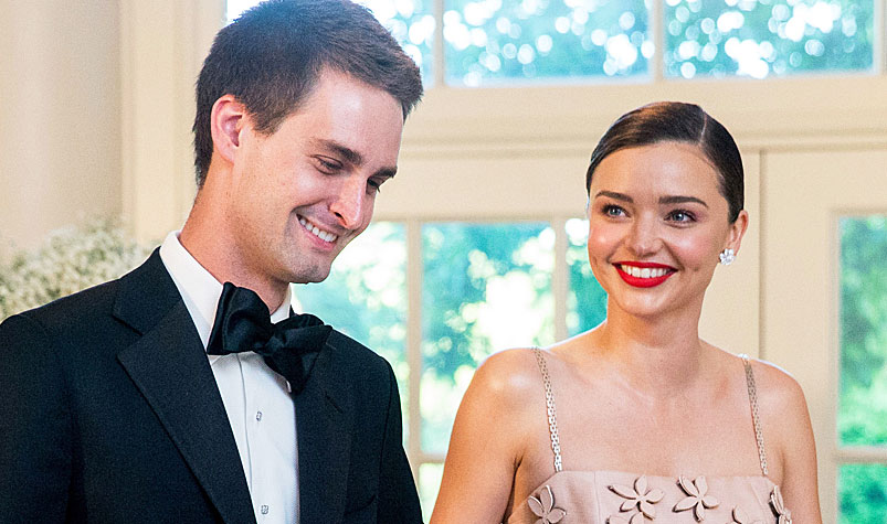 Snapchat CEO Evan Spiegel and Miranda Kerr arrive for a state dinner for Nordic leaders at the White House in Washington in May. (AAP)