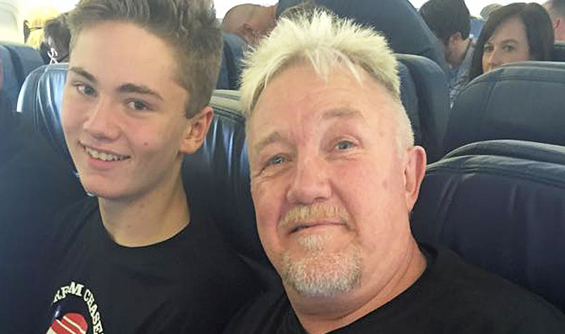 The incident occurred soon after take-off on the LA to Sydney flight and Rhett's father, Brian Butler, (right) had to provide medical assistance. (Facebook)