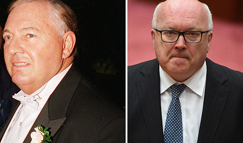 Senator Brandis (right) faced a grilling in parliament about a supposed deal with WA to allow the state, rather than the ATO to claw back $1 billion from Alan Bond's (left) collapsed Bell Group earlier this year. (AAP)