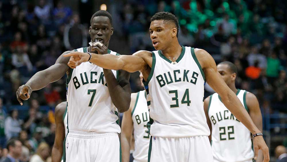 Giannis Antetokounmpo & Jabari Parker at the Bucks Jersey Unveiling.