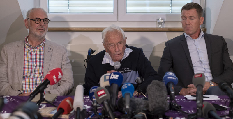 Philip Nitschke, founder and director of the pro-euthanasia group Exit International, 104-year-old Australian scientist David Goodall and lawyer Moritz Gal