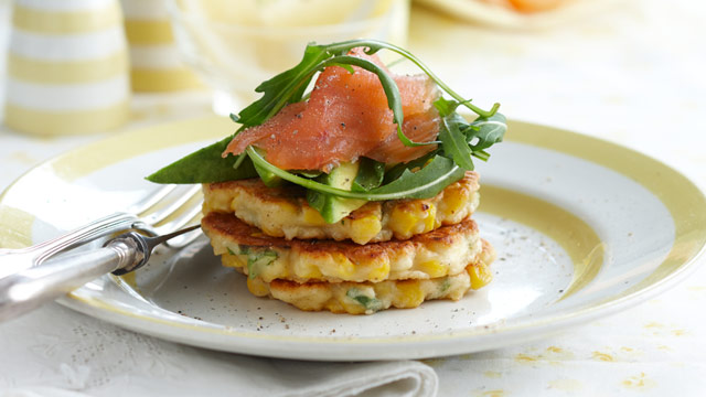 Corn and ricotta fritters with avocado and smoked salmon - 9Kitchen