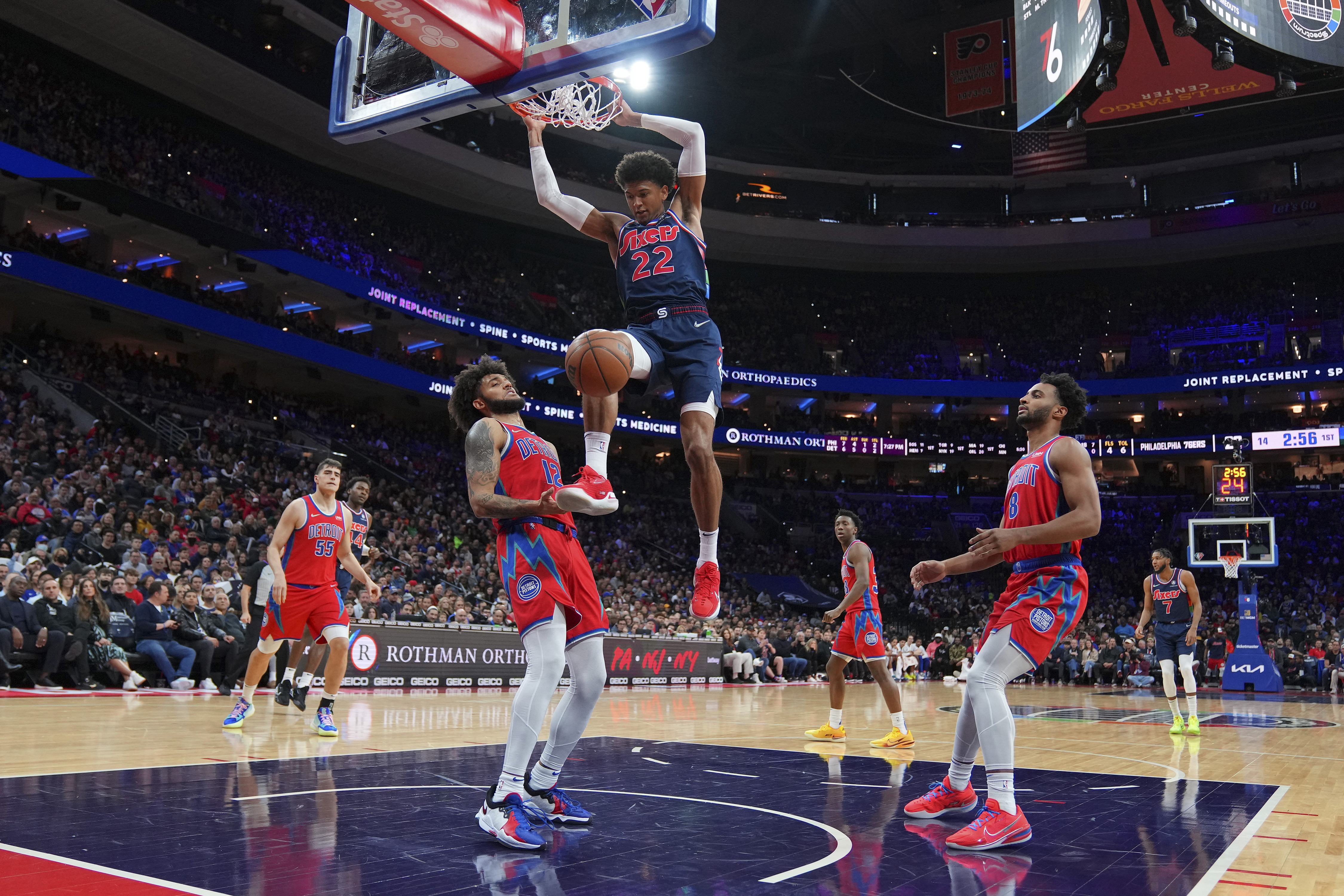 Philly's Matisse Thybulle dunks the ball.