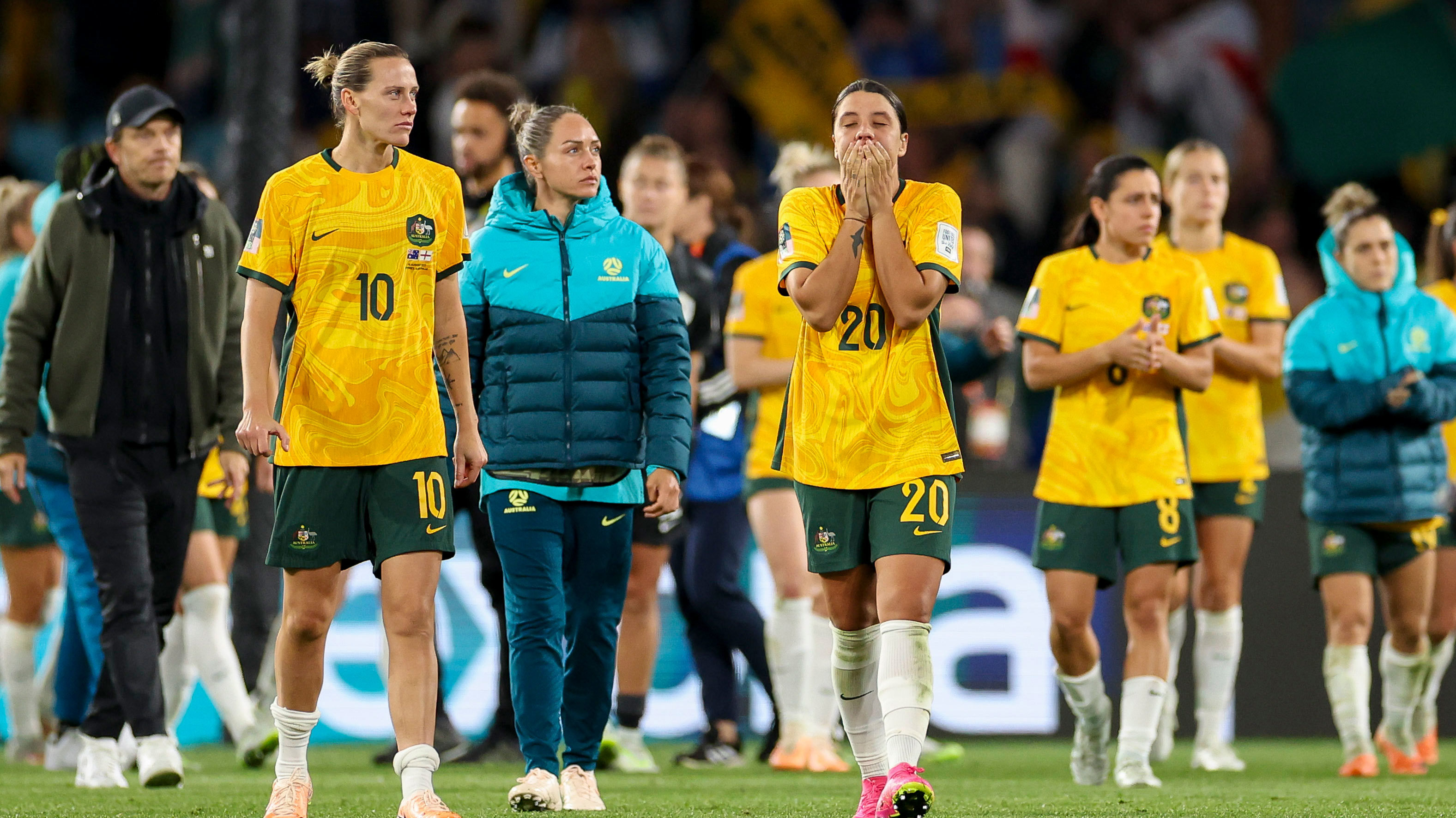 Matildas forwards Emily van Egmond and Sam Kerr are devastated after their fate is sealed in a heartbreaking loss to England.