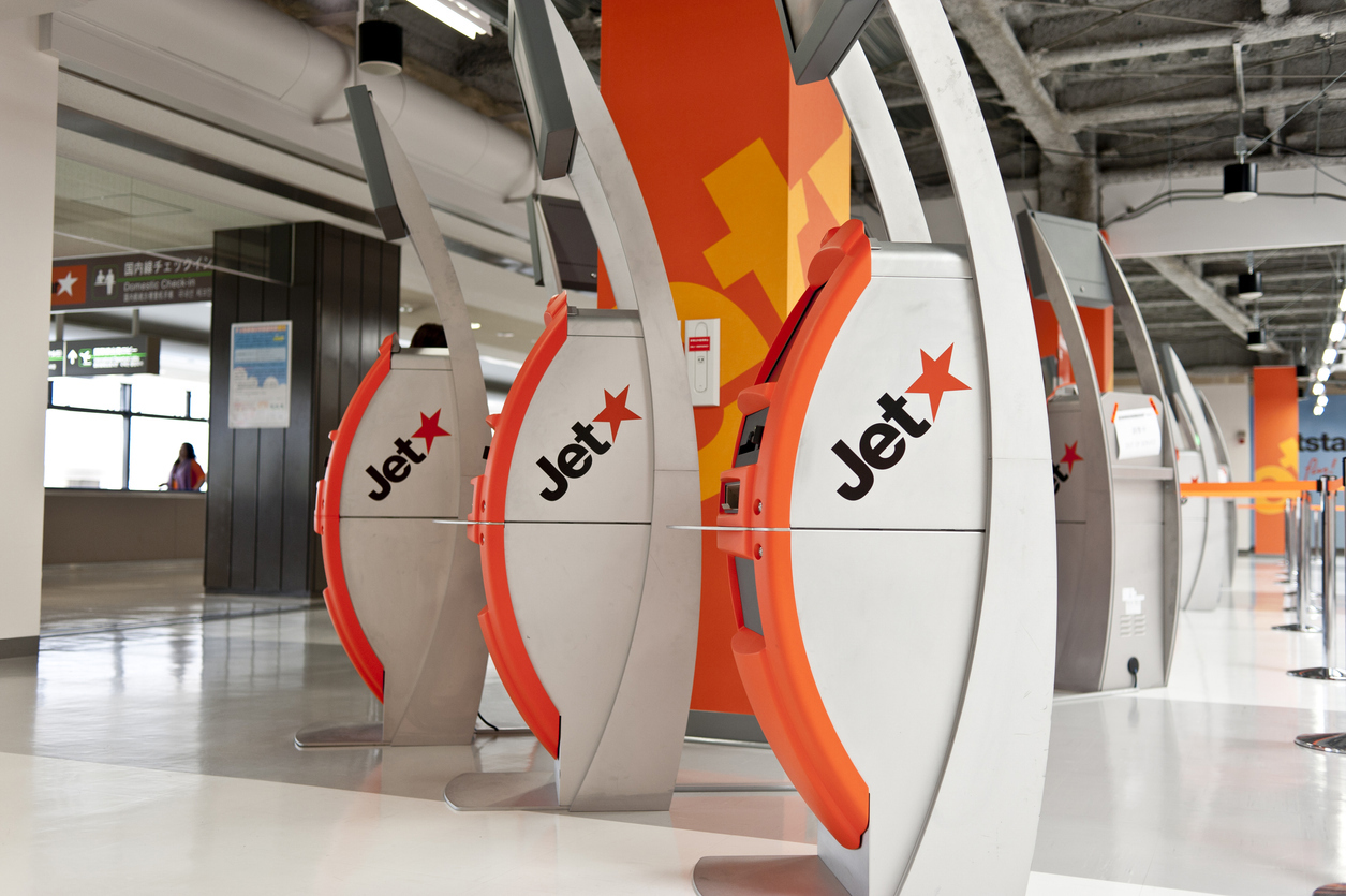 Narita, Japan - September 12, 2013: Jetstar Airways boarding pass ticket machines are seen at Narita International Airport on September 12, 2013. Jetstar Airways is an Australian low-cost airline headquartered in Melbourne, Australia. It flies over 3,500 flights a week to more than 60 destinations in 16 countries and territories across the Asia Pacific region.