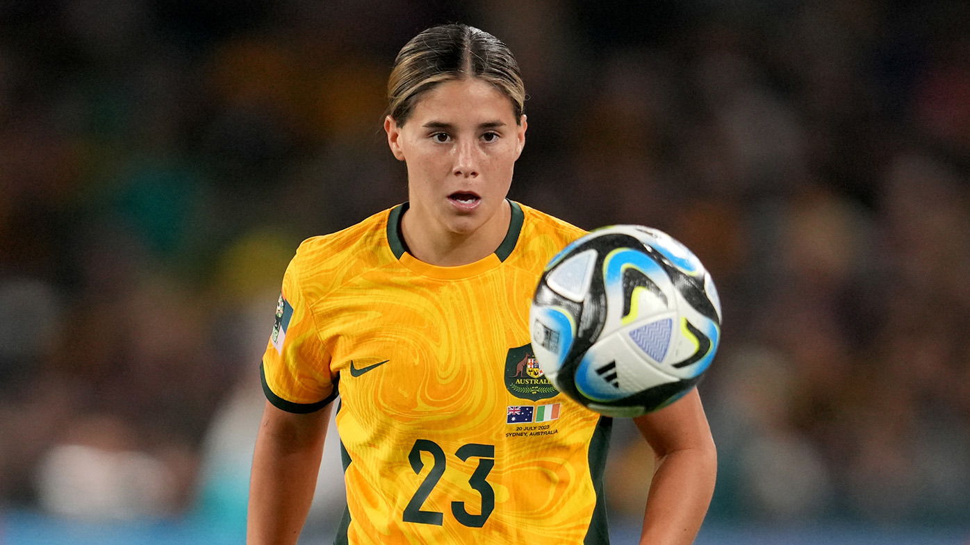 Kyra Cooney-Cross of Australia controls the ball during the FIFA Women's World Cup Australia and New Zealand 2023 Group B match between Australia and Ireland at Stadium Australia on July 20, 2023 in Sydney, Australia. (Photo by Sajad Imanian/DeFodi Images via Getty Images)