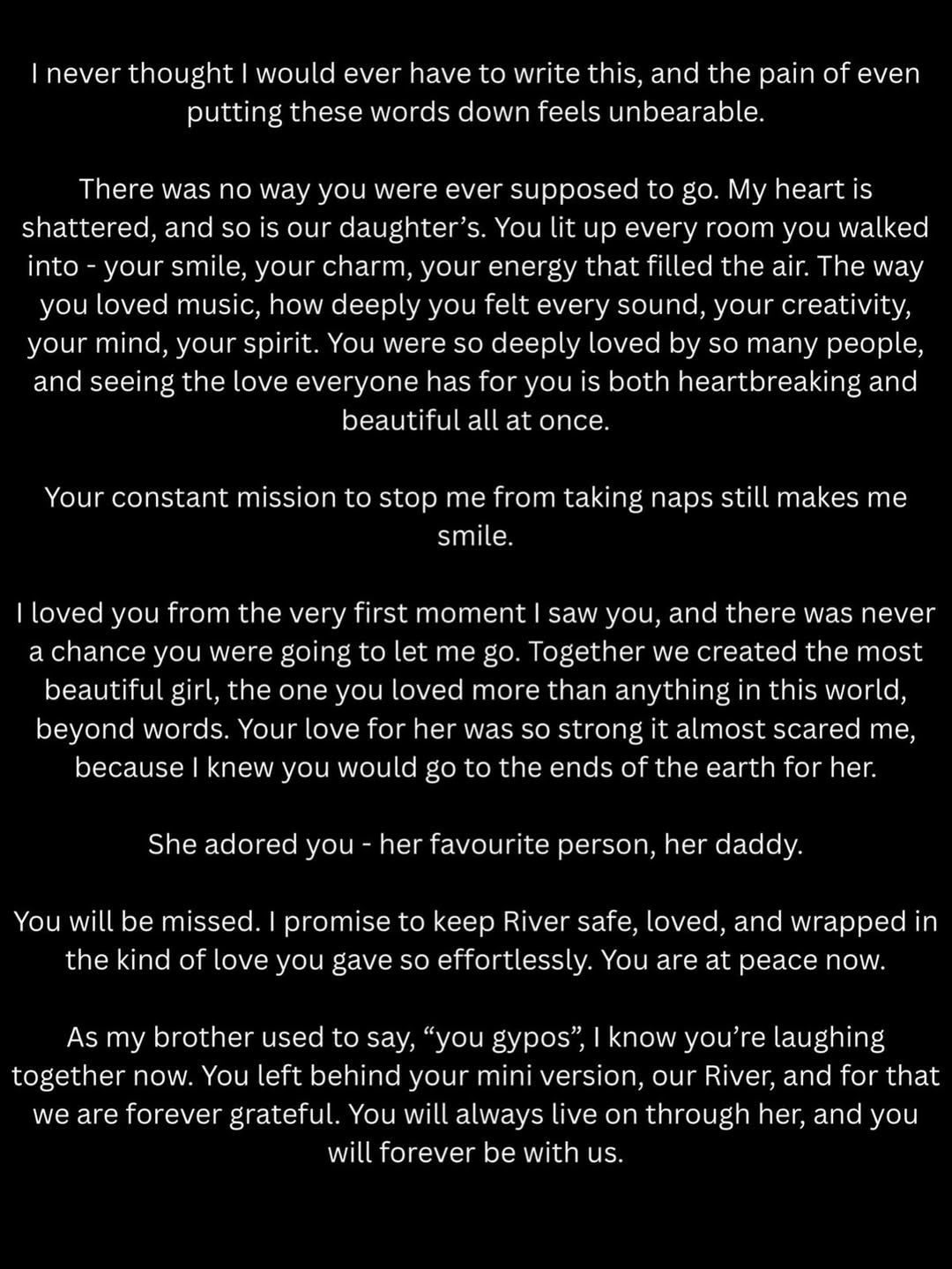 The reality star has penned a devastating tribute to her former partner and the father of her young daughter