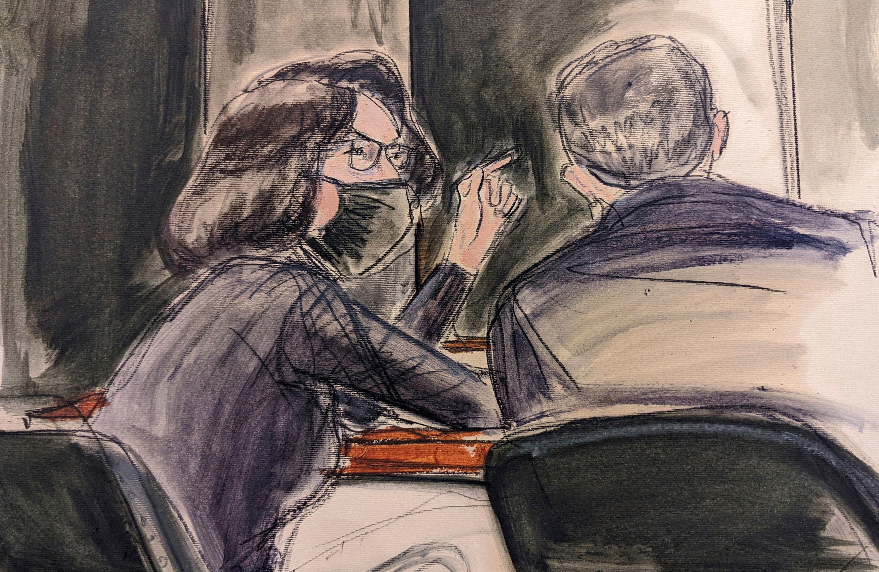 In this sketch, Ghislaine Maxwell, seated left speaks to her defence attorney Christian Everdell prior to the testimony of "Kate" during the trial.