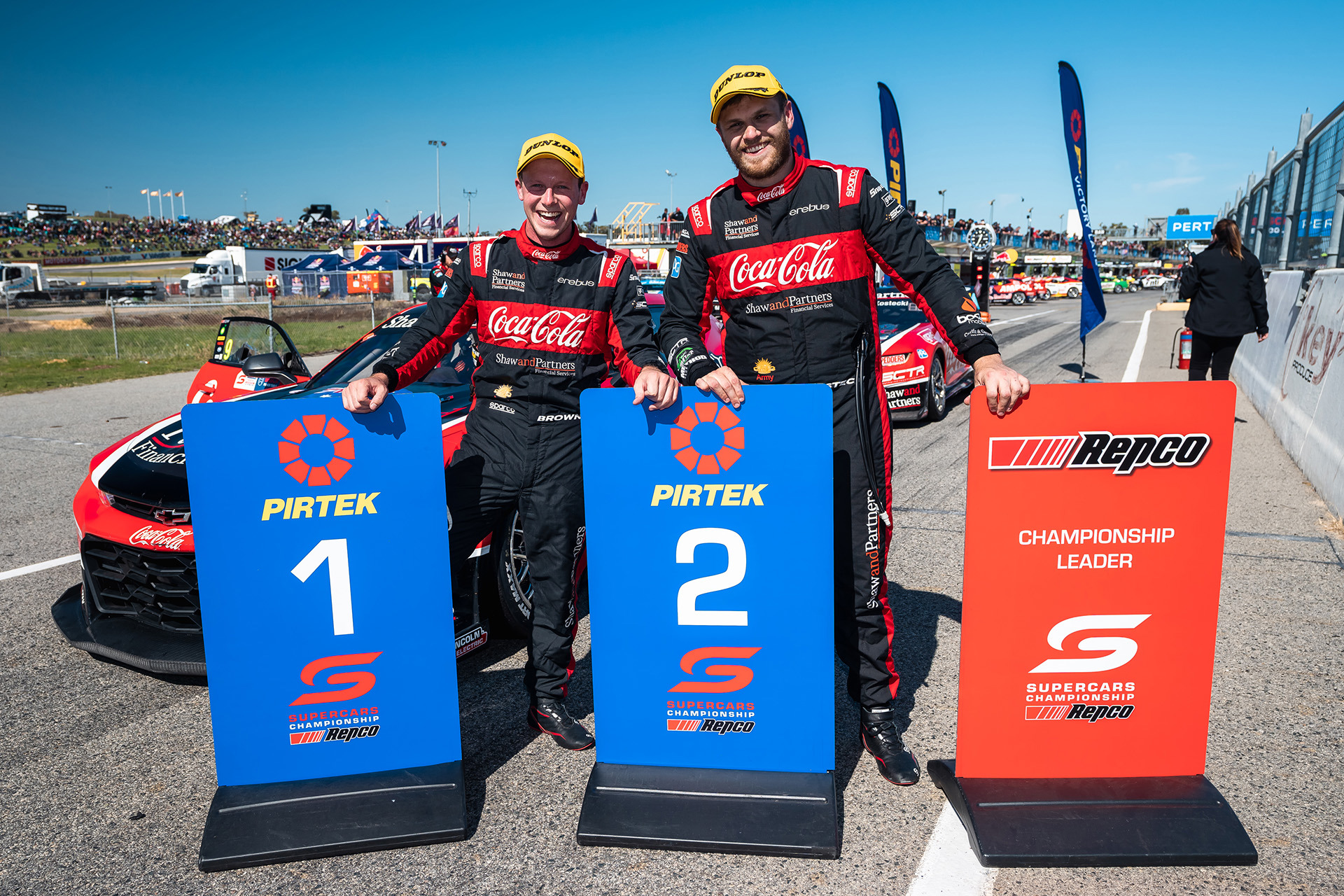 Will Brown (left) and Brodie Kostecki celebrate a one-two finish in Perth.