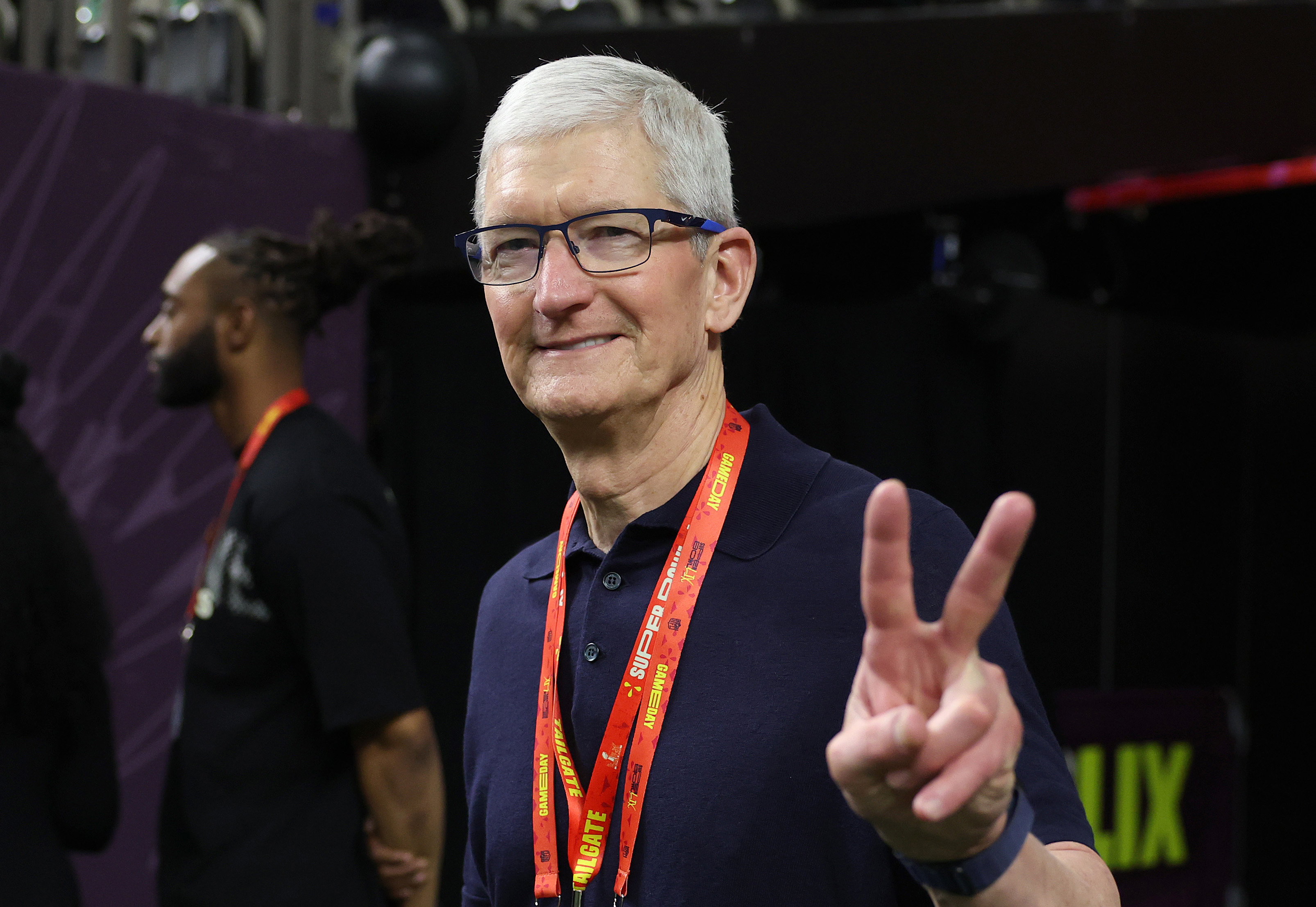 Tim Cook, CEO of Apple, looks on from the field prior to Super Bowl LIX between the Kansas City Chiefs and the Philadelphia Eagles at Caesars Superdome on February 09, 2025 in New Orleans, Louisiana.