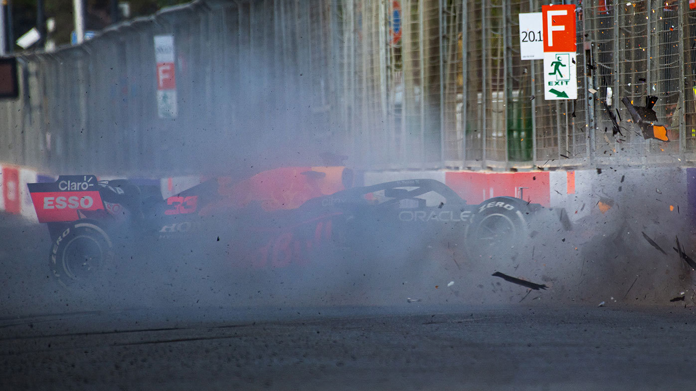 Max Verstappen crashes out of the Azerbaijan Grand Prix after a tyre failure.