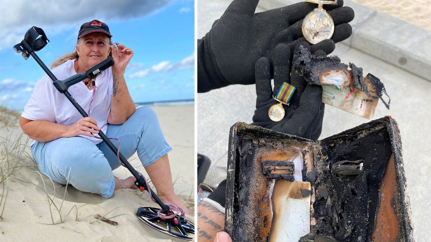 Kazz Preston pictured left and (right) the burnt war medals she found at Surfers Paradise last September.