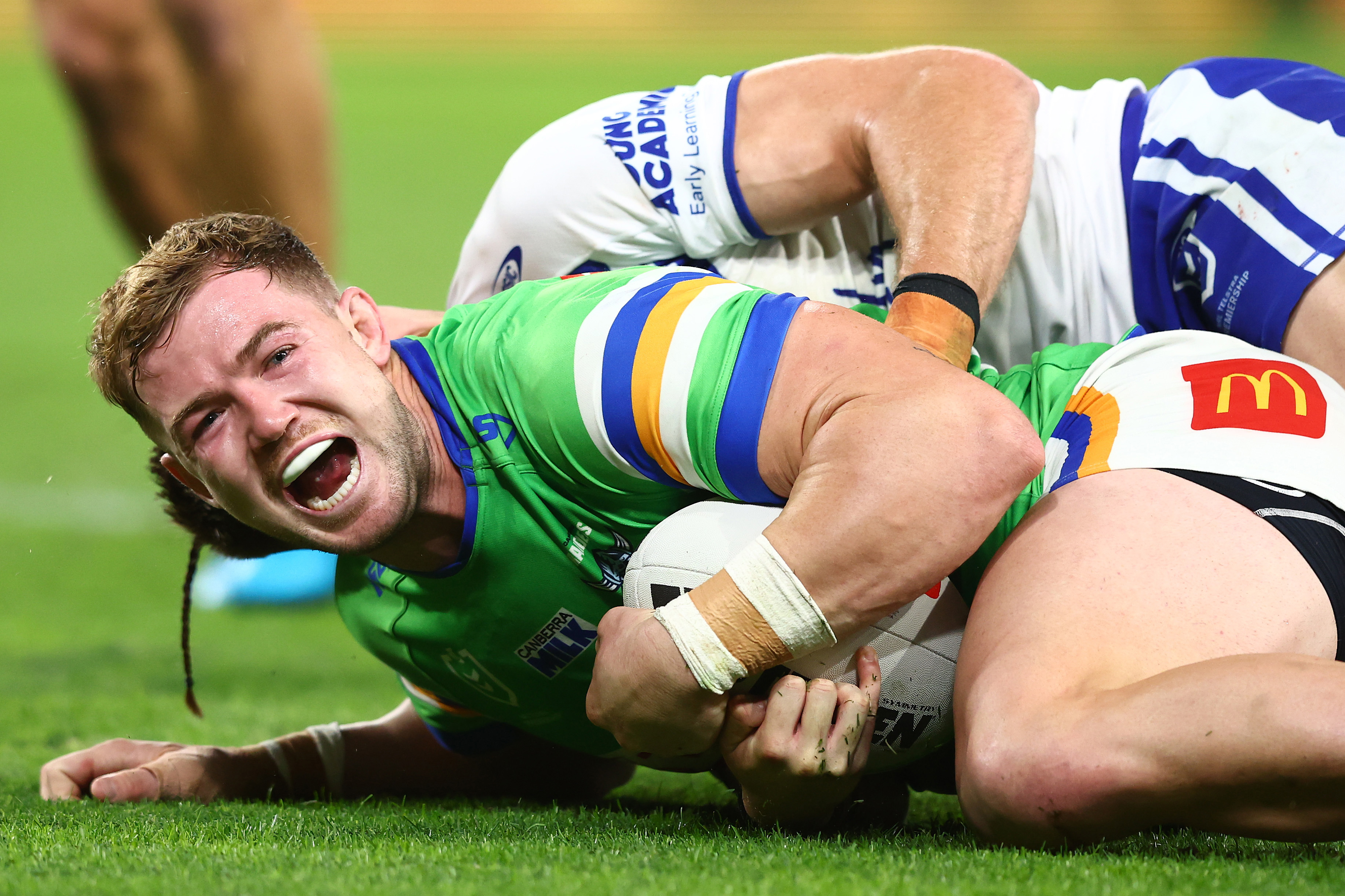 Hudson Young scores a try for the Raiders.