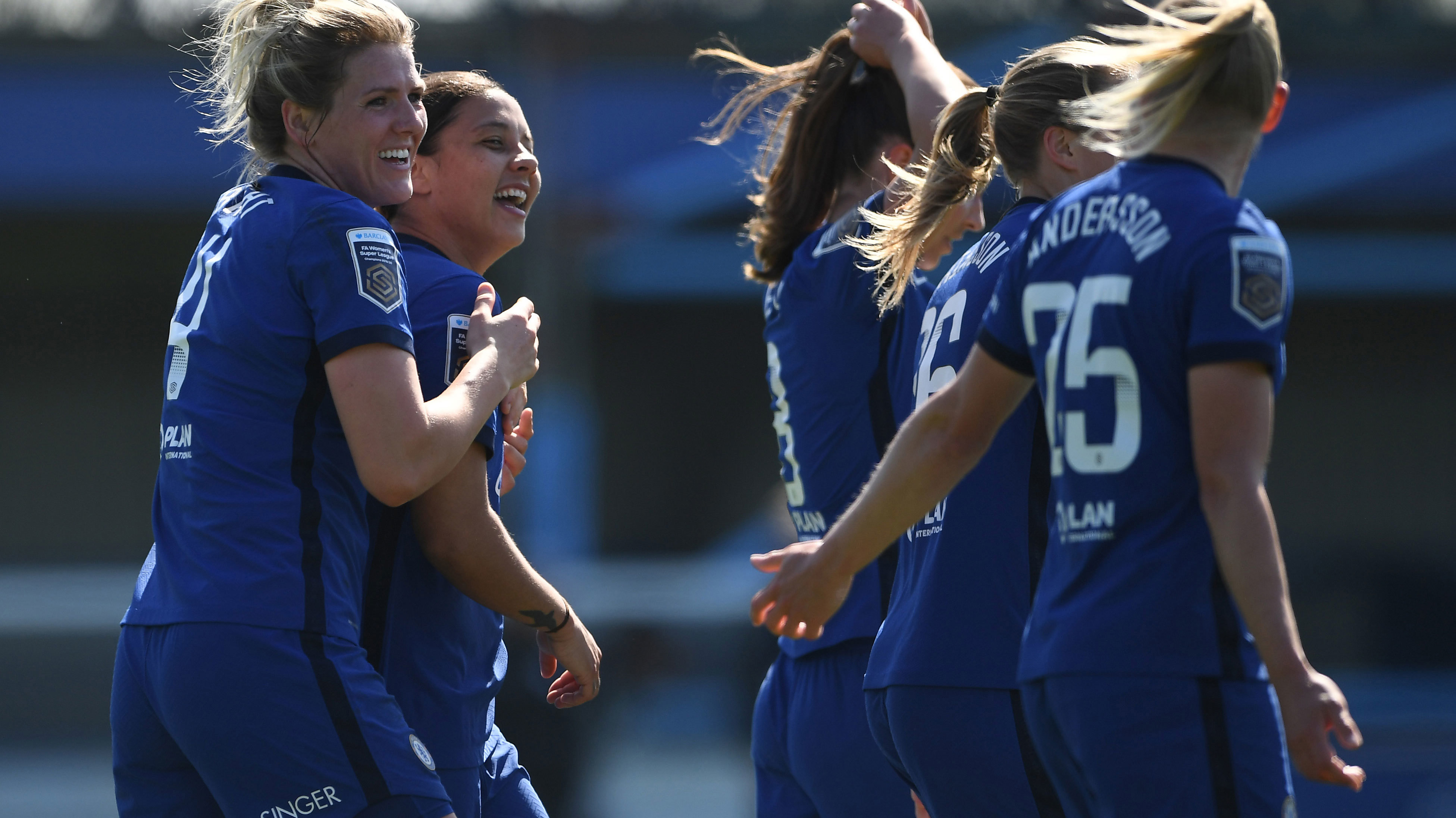 Sam Kerr celebrates with Chelsea teammates during their 6-0 win over Birmingham City.