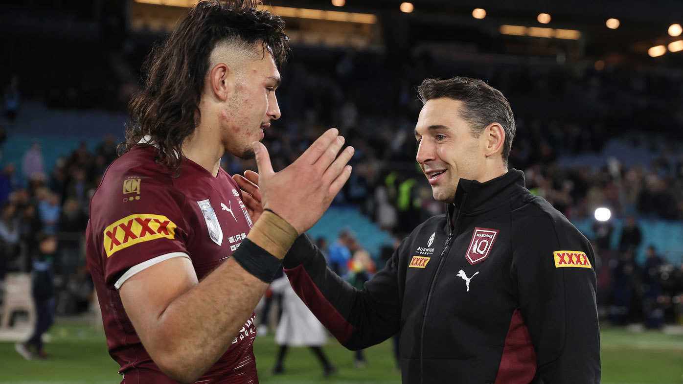 Tino Fa'asuamaleaui is congratulated by Queensland coach Billy Slater after winning Origin I in 2022.
