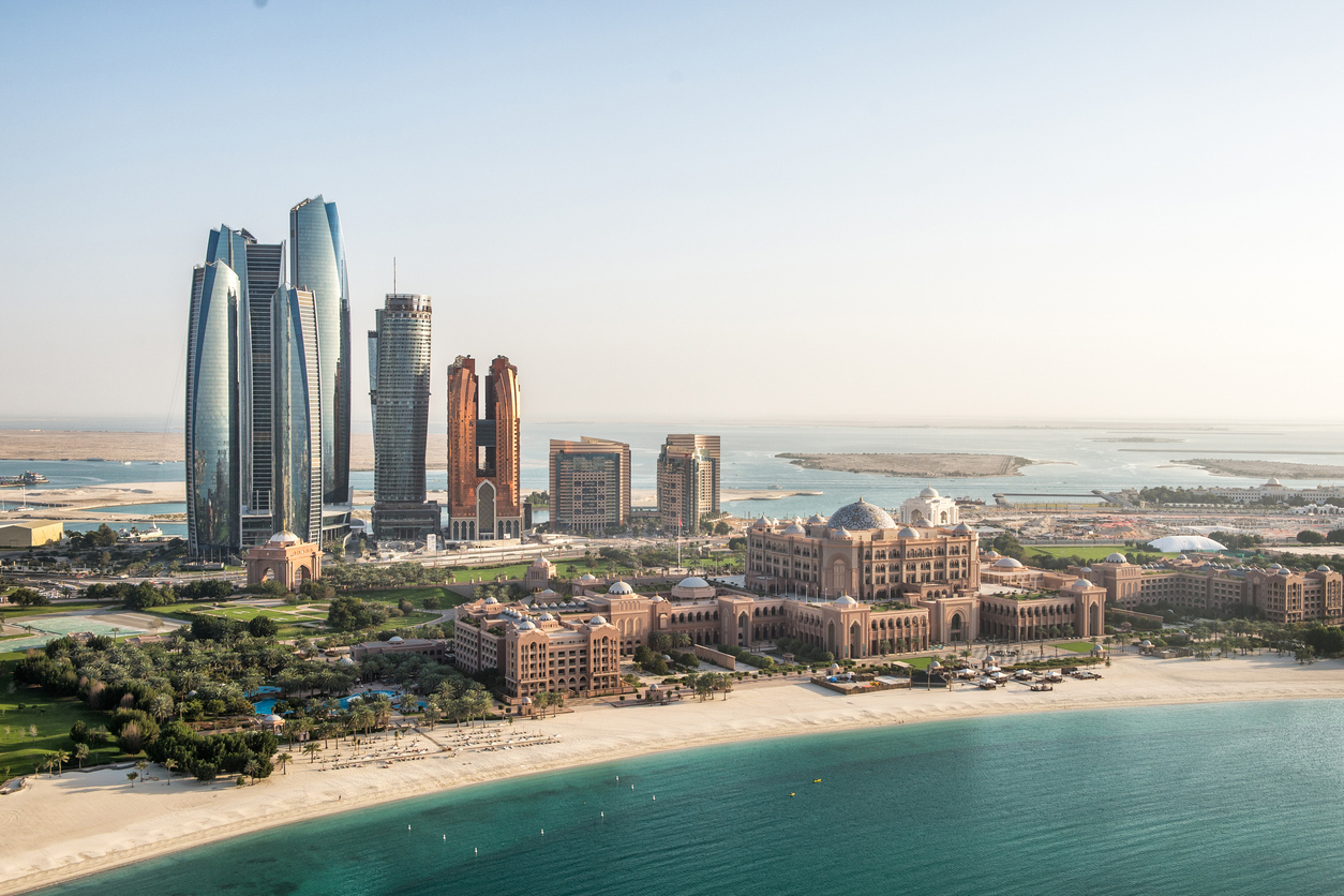 Part of Abu Dhabi, UAE with surrounding area viewed from the helicopter. Many details are visible in the image.