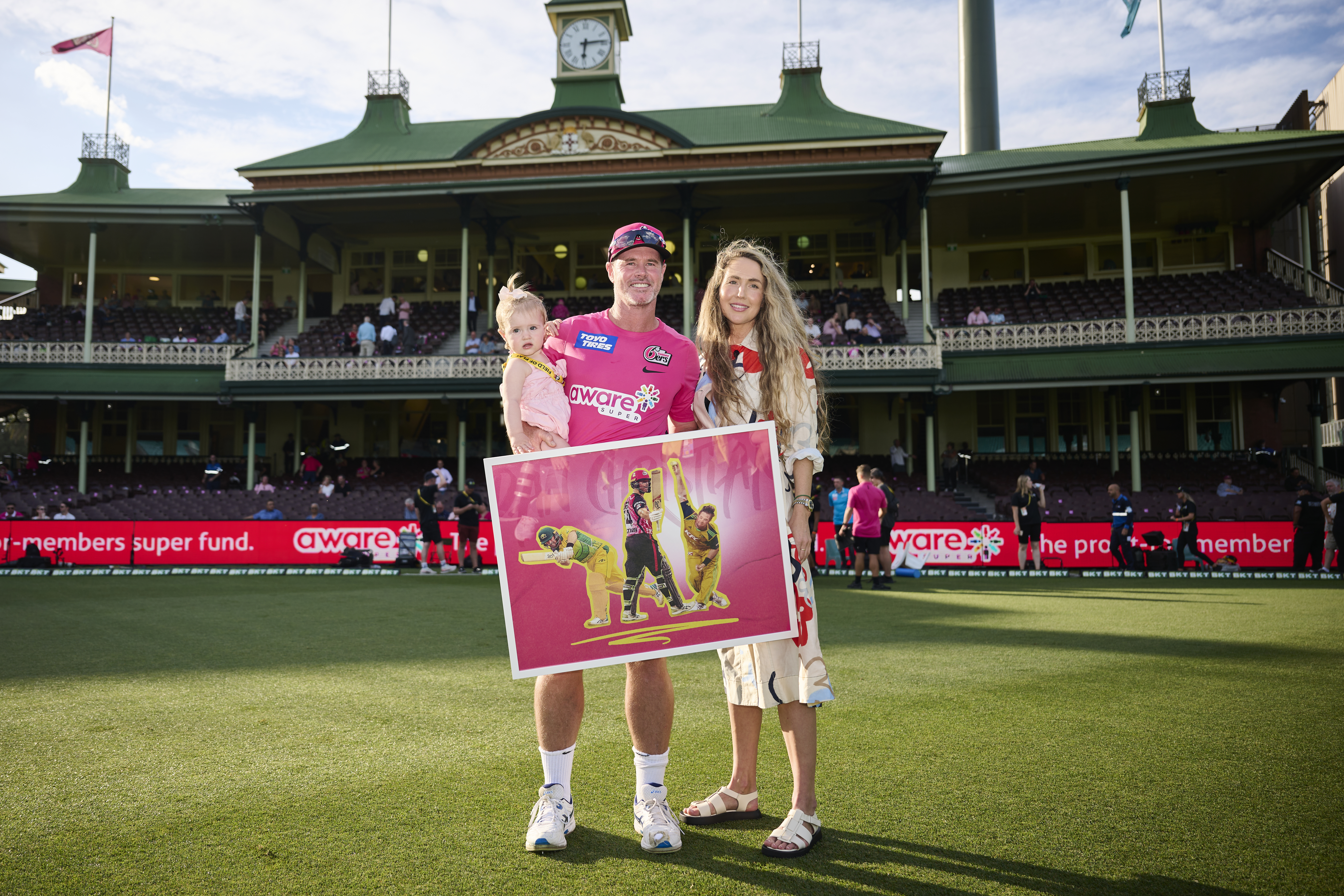 Dan Christian of the Sixers poses with his family during the Men's Big Bash League match between the Sydney Sixers and the Brisbane Heat at Sydney Cricket Ground, on February 02, 2023, in Sydney, Australia. (Photo by Brett Hemmings - CA/Cricket Australia via Getty Images)