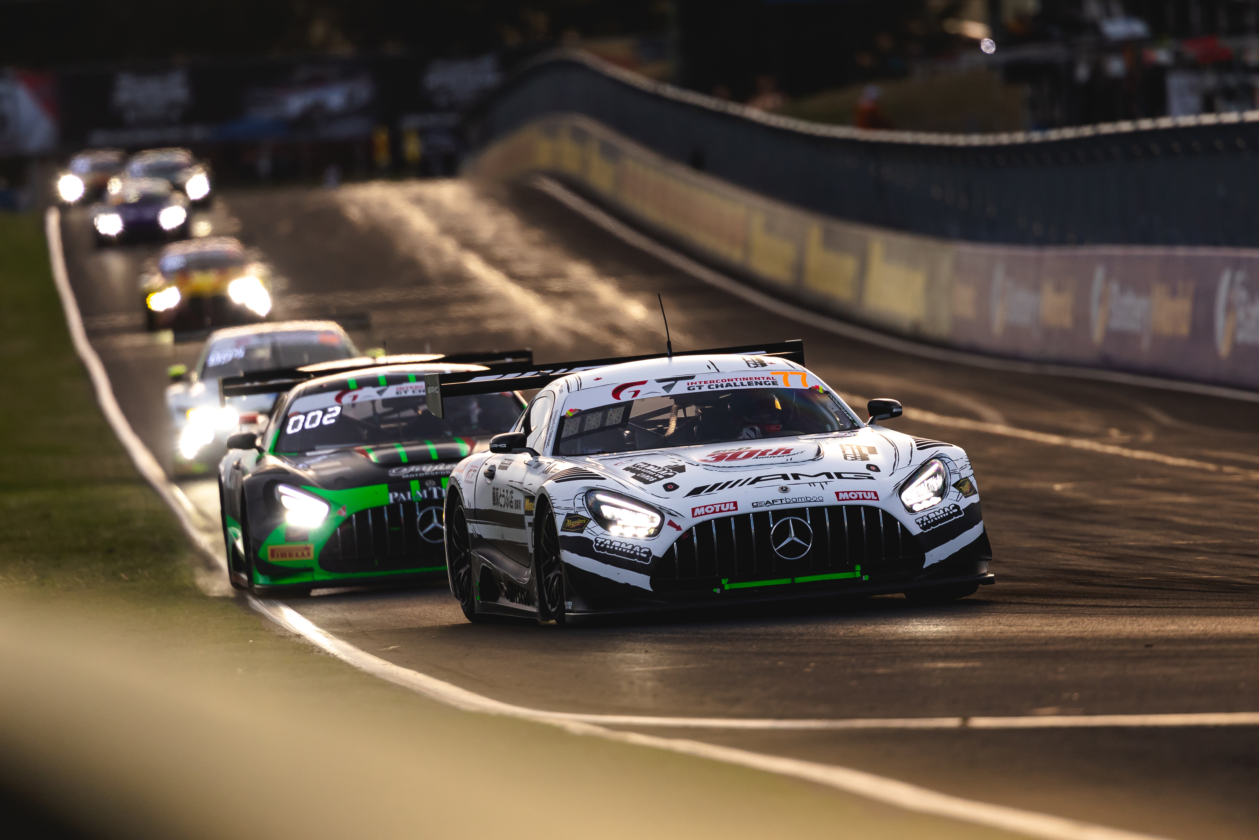 #77 Maximilian Götz, Ralf Aron, and Lucas Auer drivers of Mercedes-AMG Team Craft Bamboo Racing Mercedes-AMG GT3 EVO during the Bathurst 12 Hour at Mount Panorama on February 15, 2026 in Bathurst, Australia. (Photo by Daniel Kalisz/Getty Images)