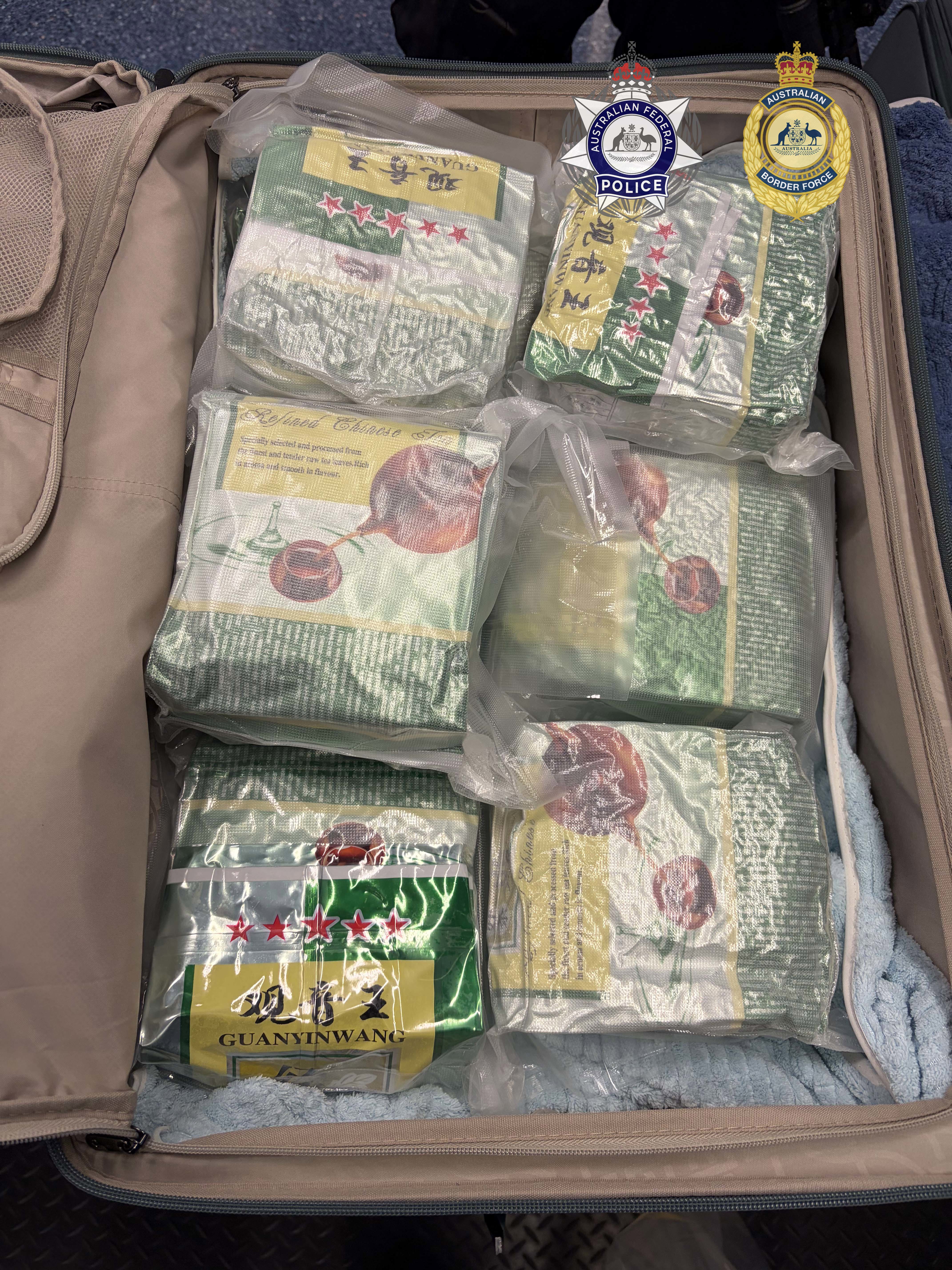 The ABF allegedly found 18 vacuum-sealed bags labelled as "tea" and containing a clear crystalline substance in the woman's luggage.