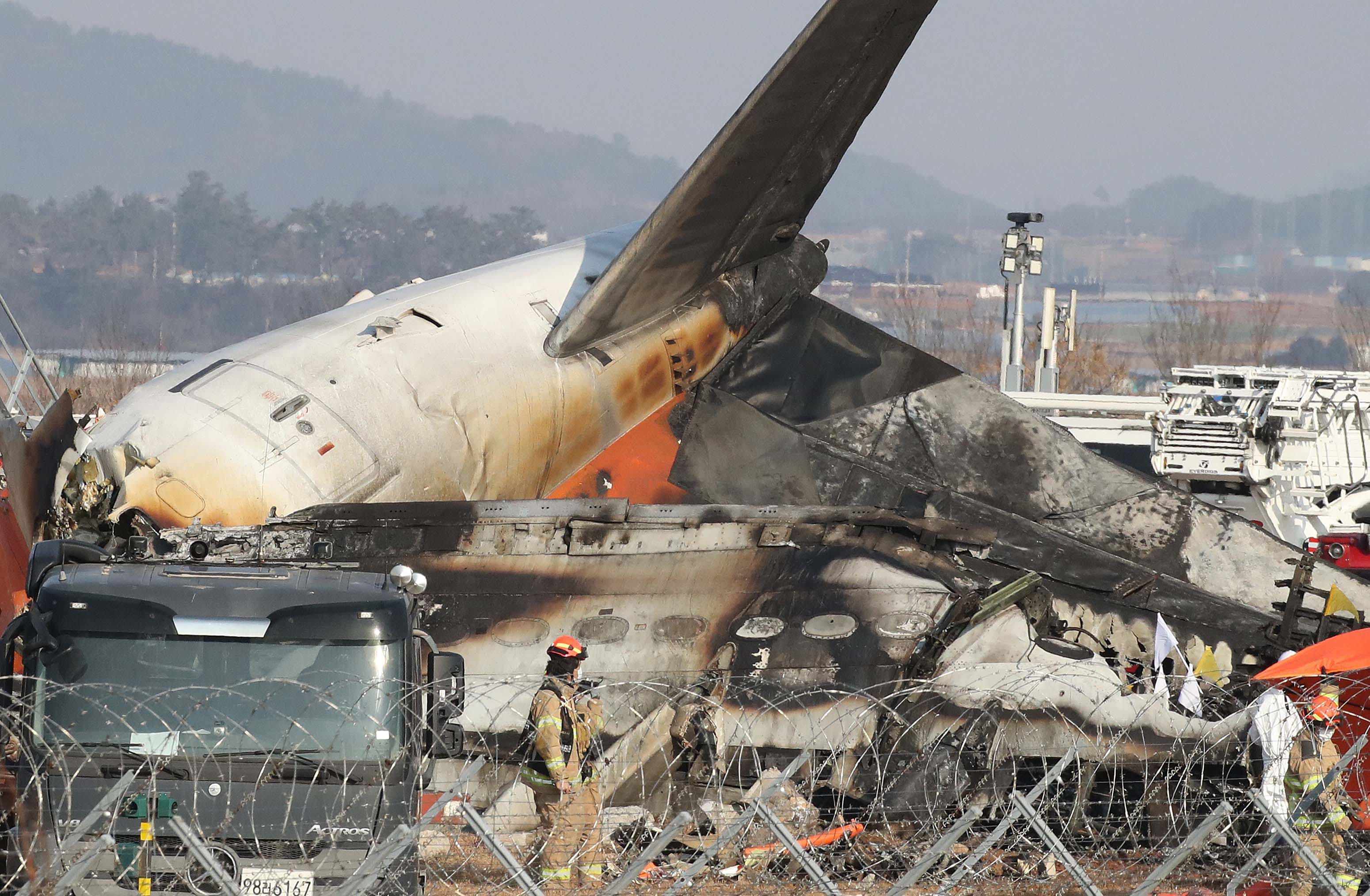 irefighters check near the wreckage of a passenger plane at Muan International Airport on December 29, 2024 in Muan-gun, South Korea.