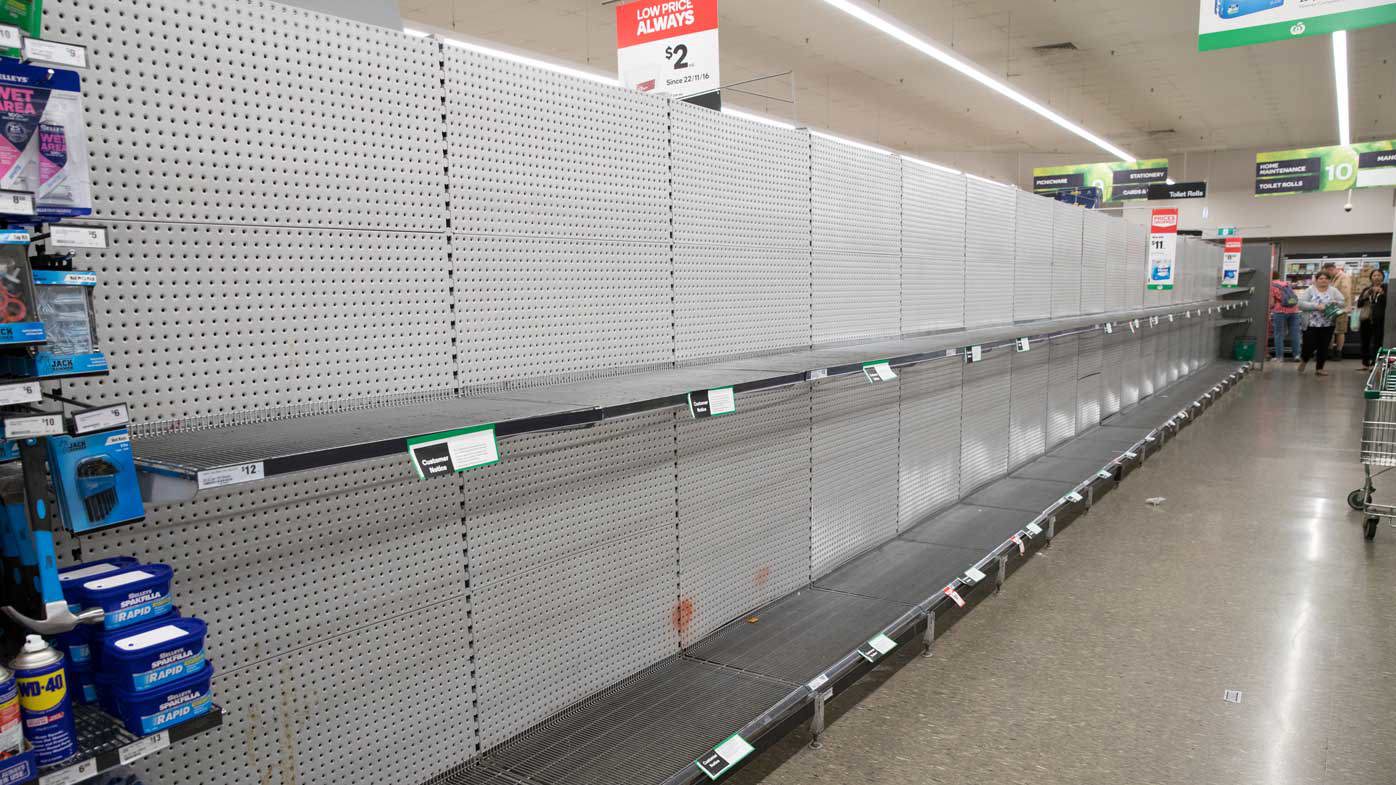 Empty toilet paper shelves in Woolworths, Wetherill Park, Sydney.