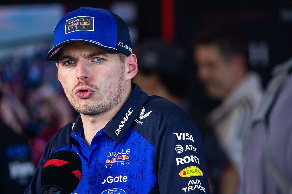 Max Verstappen answers questions in the TV media pen during the F1 Grand Prix of Australia.
