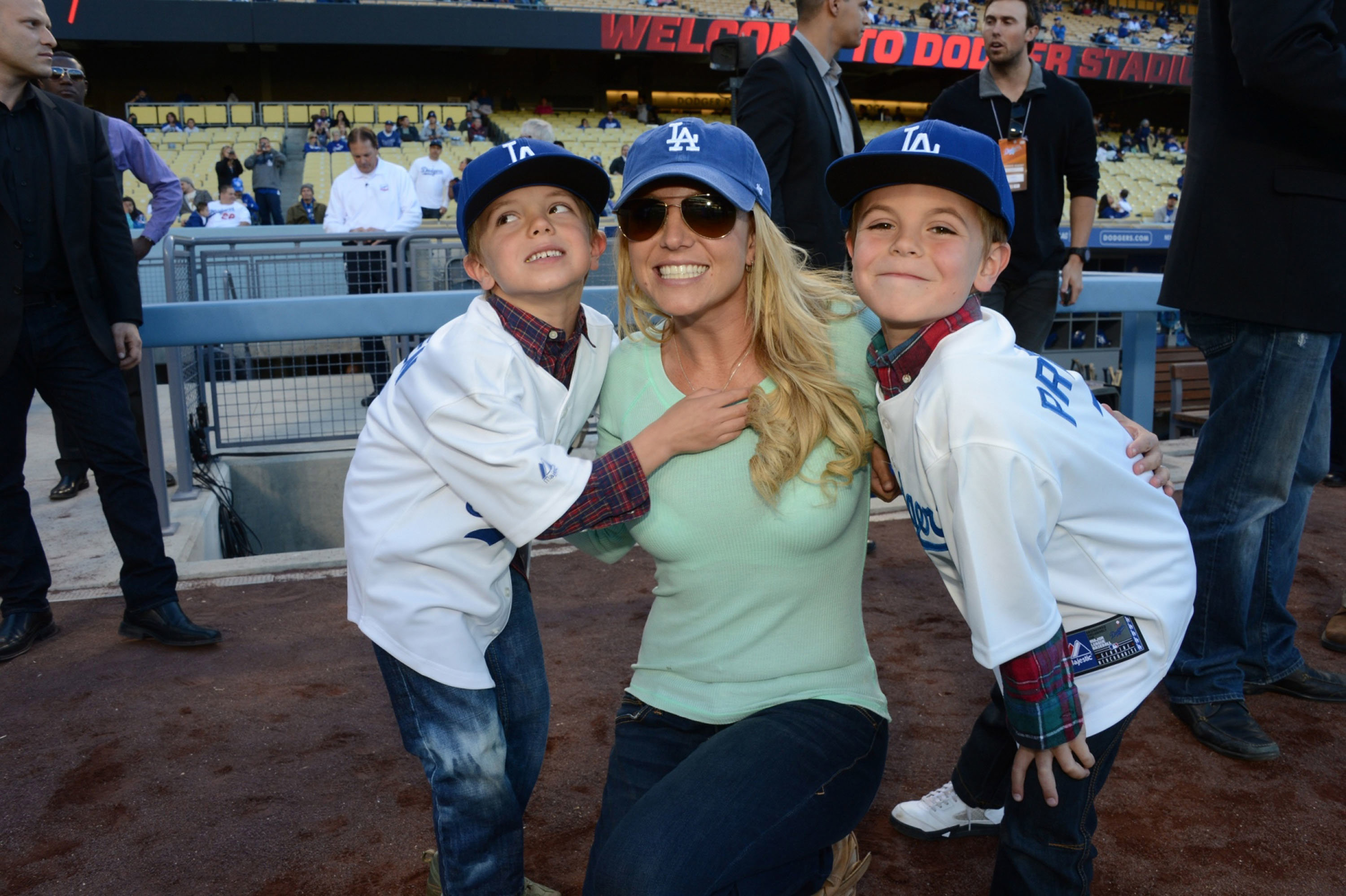 Britney Spears arrives with sons Sean and Jayden at the Los Angeles Dodgers game against the San Diego Padres Wednesday, April 17, 2013 at Dodger Stadium in Los Angeles, California. Photo by Jon SooHoo/LA Dodgers,LLC 2013.