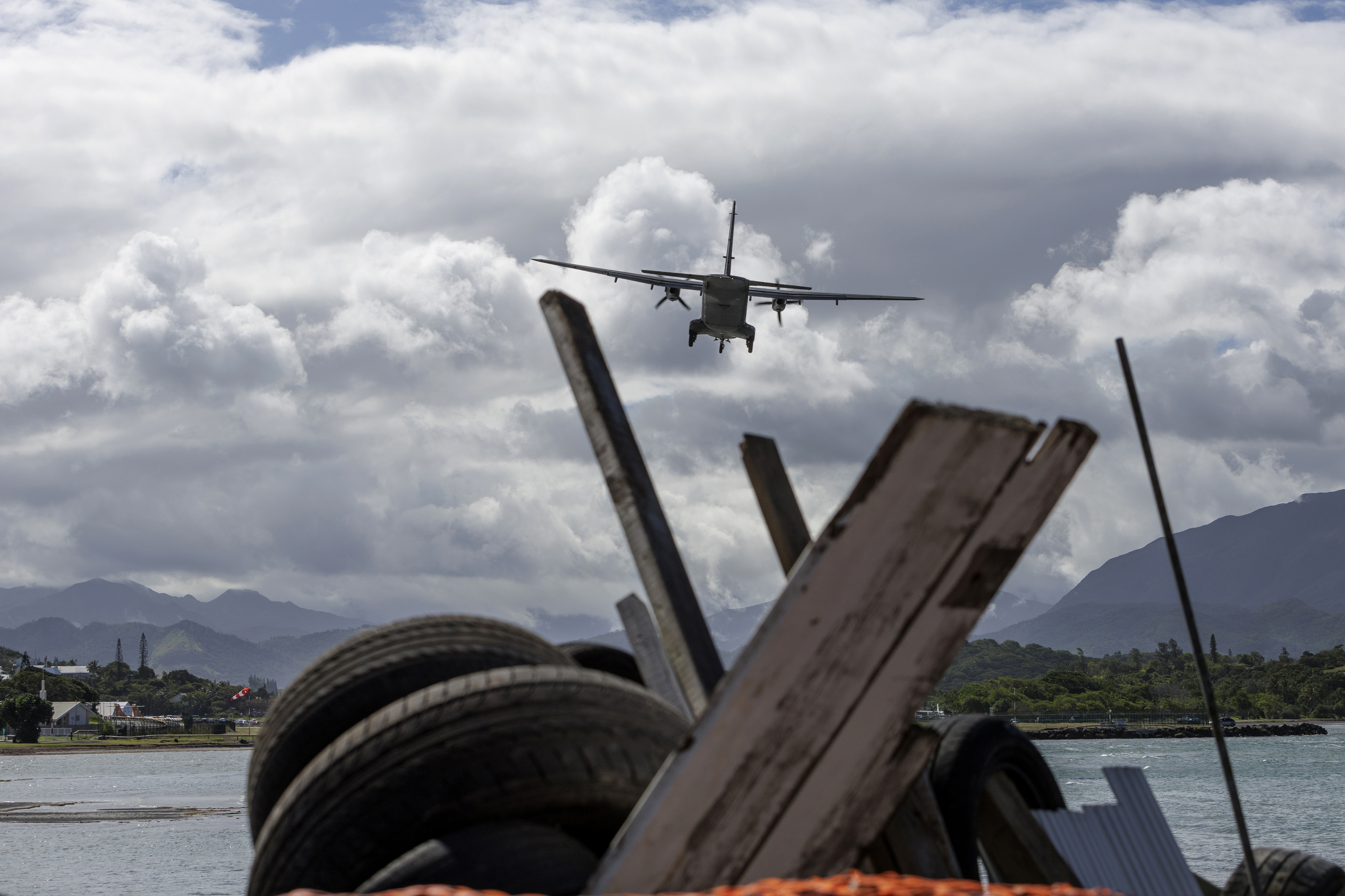 A French military plane arrives at Noumea-Magenta airport, New Caledonia