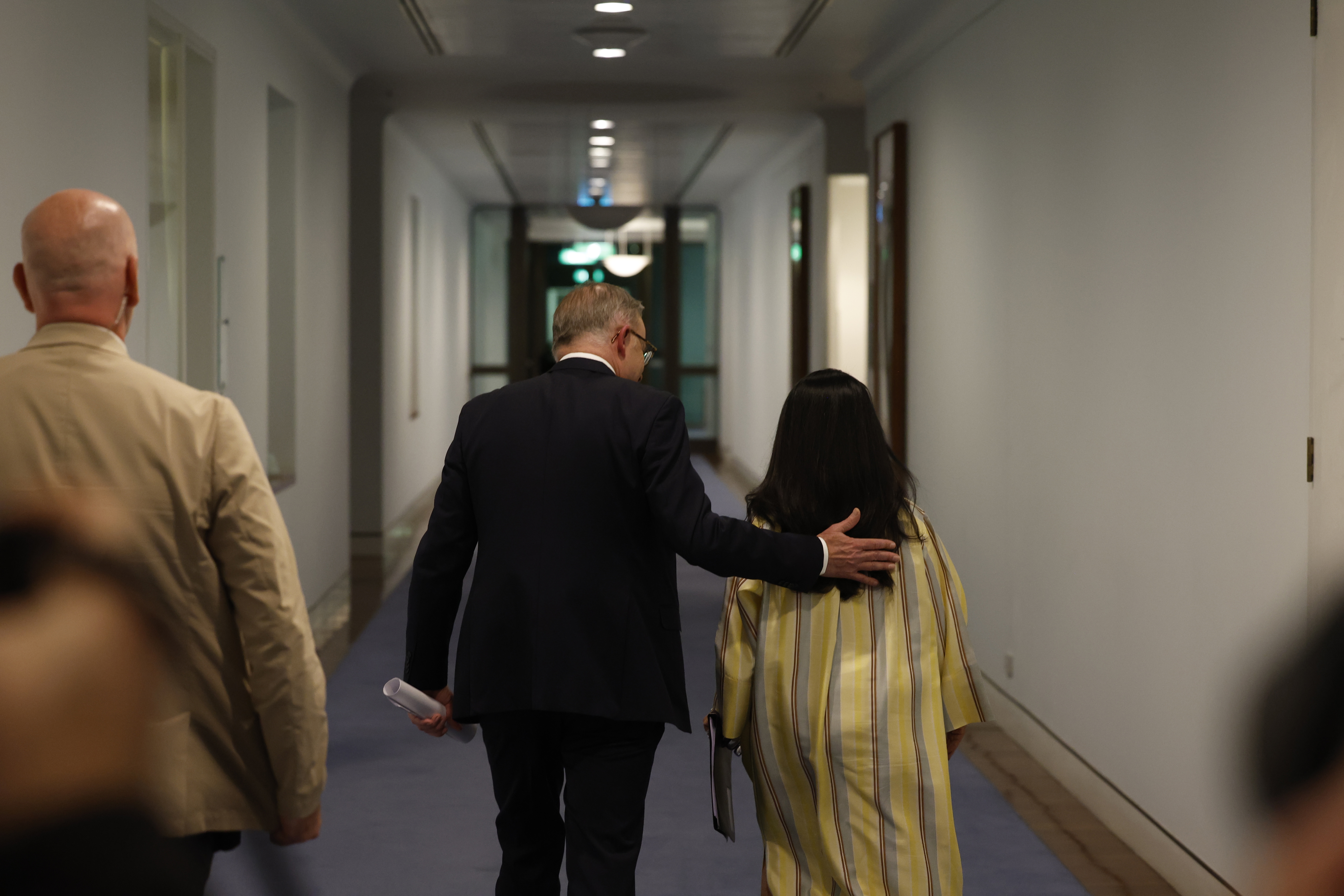 Prime Minister Anthony Albanese and Minister for Indigenous Australians Linda Burney share a moment after the referendum failed to pass.