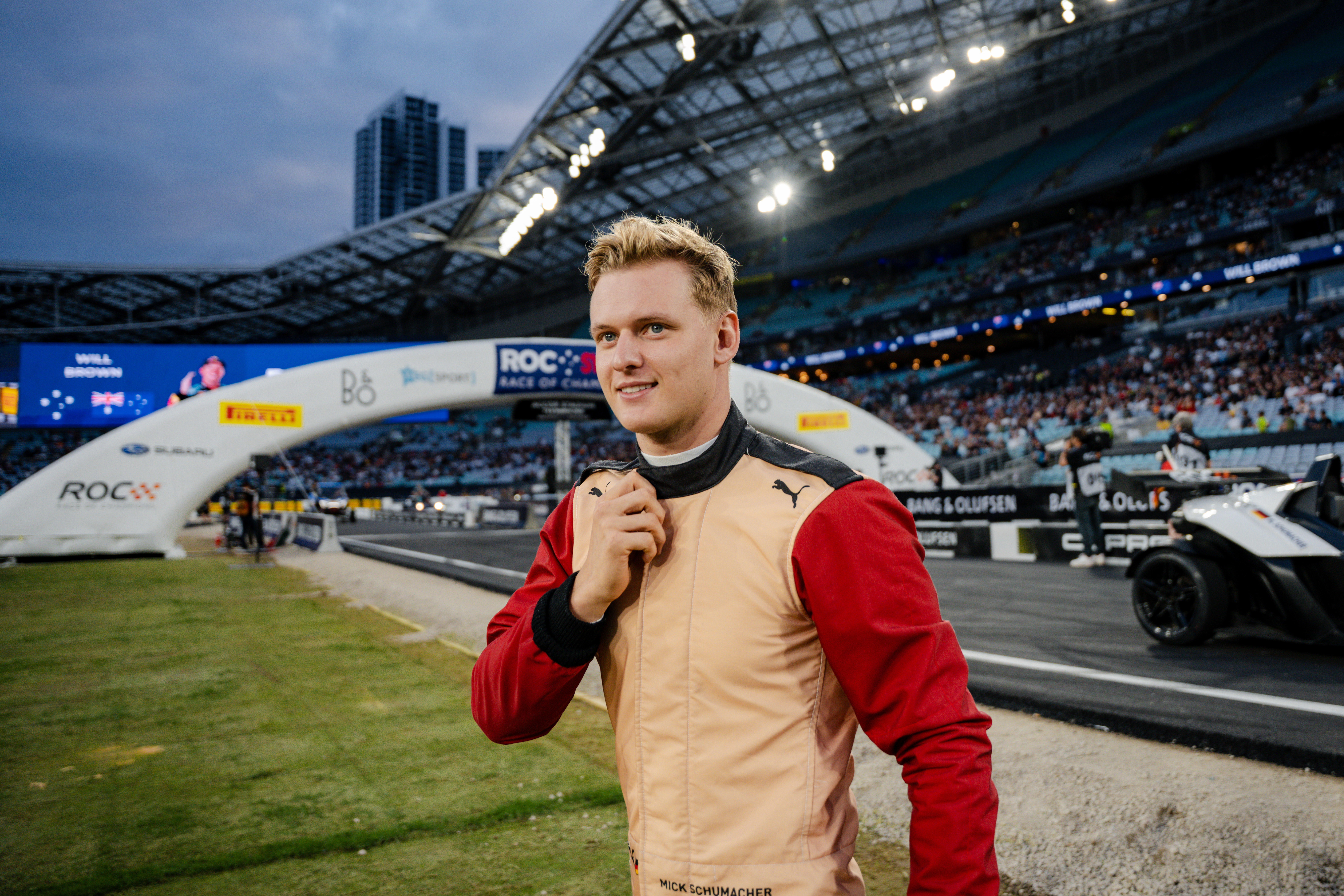 Mick Schumacher during driver introductions ahead of the 2025 Race of Champions 'Champion of Champions'.