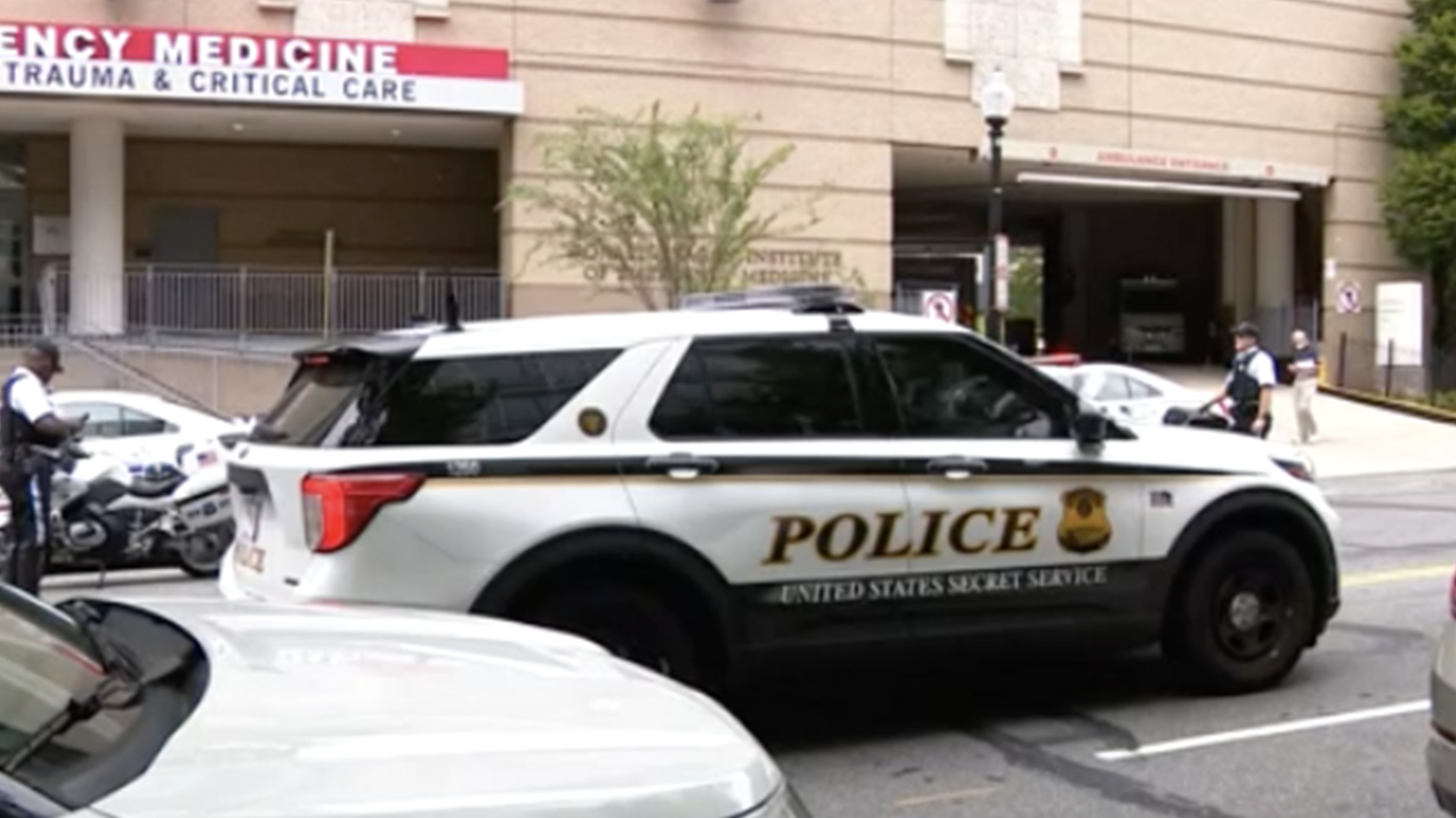 Police patrol outside a D.C -area hospital after the shooting near the Pentagon.