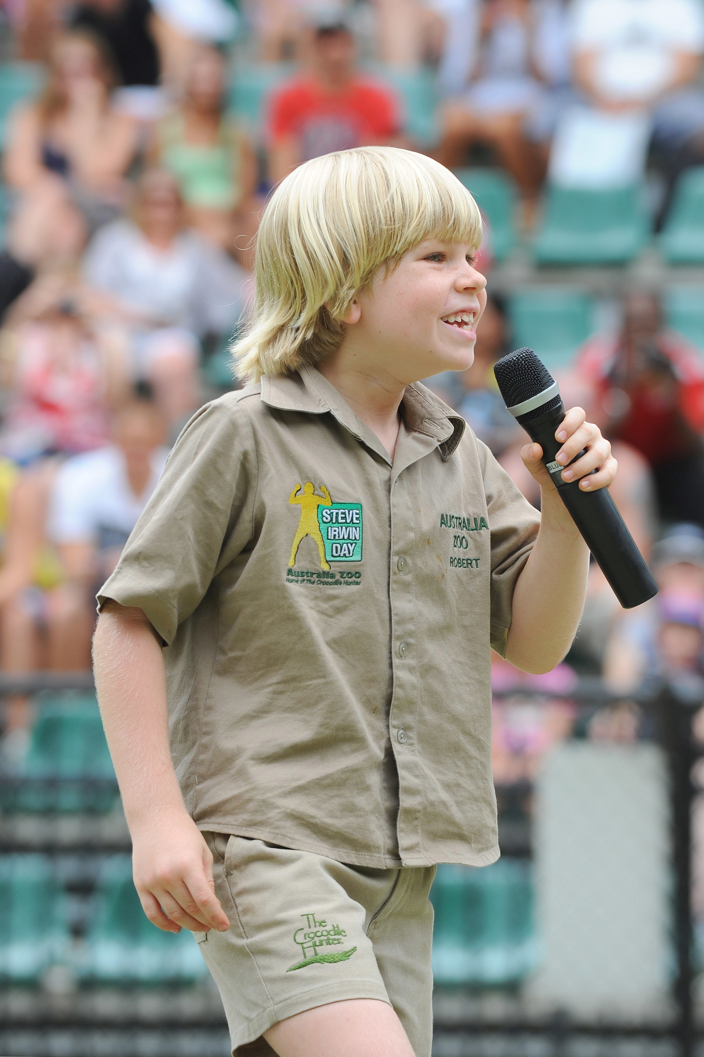 BEERWAH, AUSTRALIA - DECEMBER 1: In this handout photo provided by Australia Zoo, Robert Irwin speaks to the crowd as he celebrates his eighth birthday, at Australia Zoo, on December 1, 2011 in Beerwah, Australia. (Photo by Australia Zoo via Getty Images)